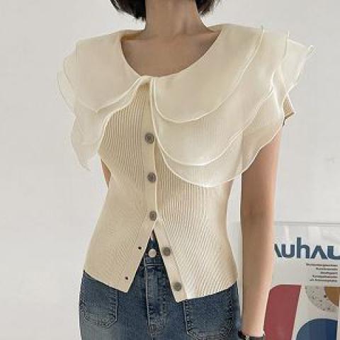 White Chic Cascade Ruffle Knit Blouse with Button Detail