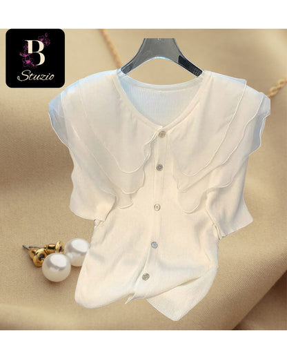 White Chic Cascade Ruffle Knit Blouse with Button Detail