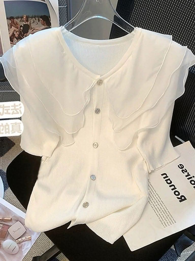 White Chic Cascade Ruffle Knit Blouse with Button Detail