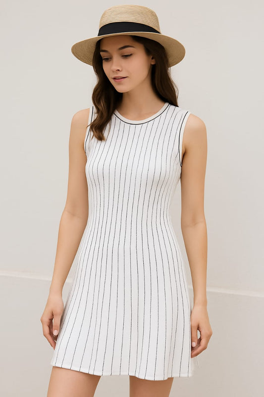 White Cotton Knit Stripe Dress