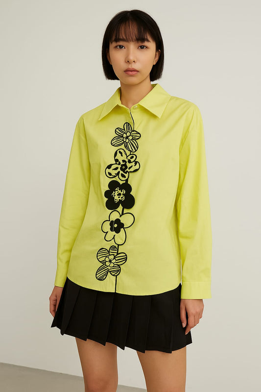 Cotton Shirt with Floral Scalloped Embroidery,Neon Green light