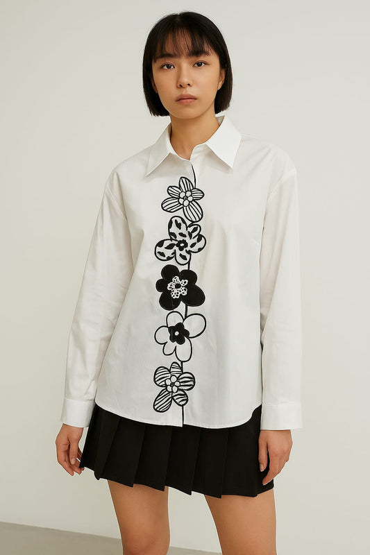 Cotton Shirt with Floral Scalloped Embroidery ,WHITE