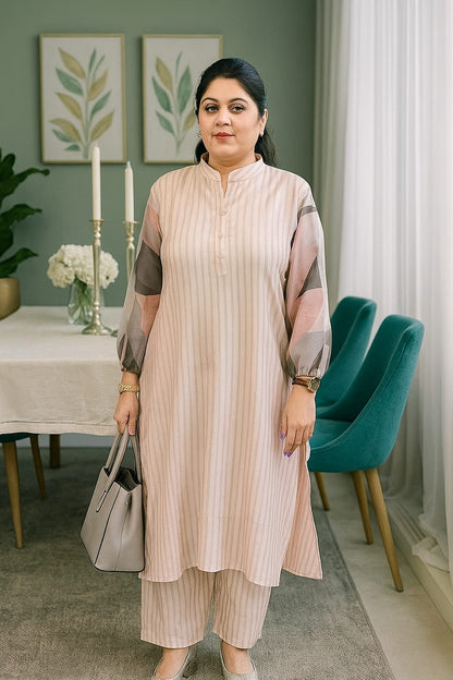 Blush Striped Kurta Set with Printed Sleeves