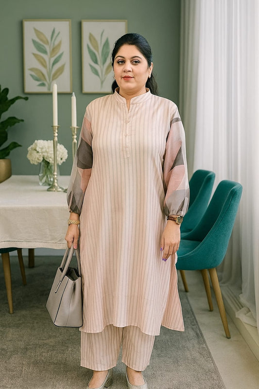 Blush Striped Kurta Set with Printed Sleeves