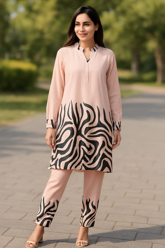 Peach Black Striped Digital Print Co-ord Set
