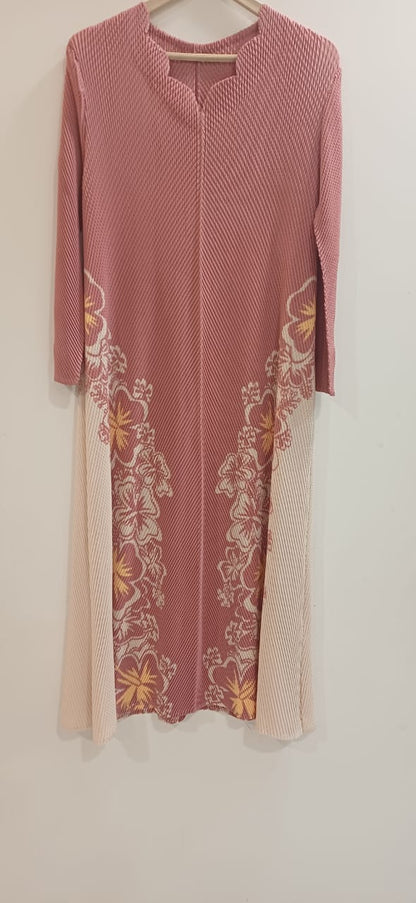 Elegant Pleated Floral Dress –Pink  & Cream