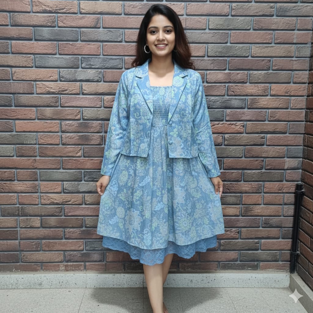 Floral Blue Two-Piece Free-Size Dress Set