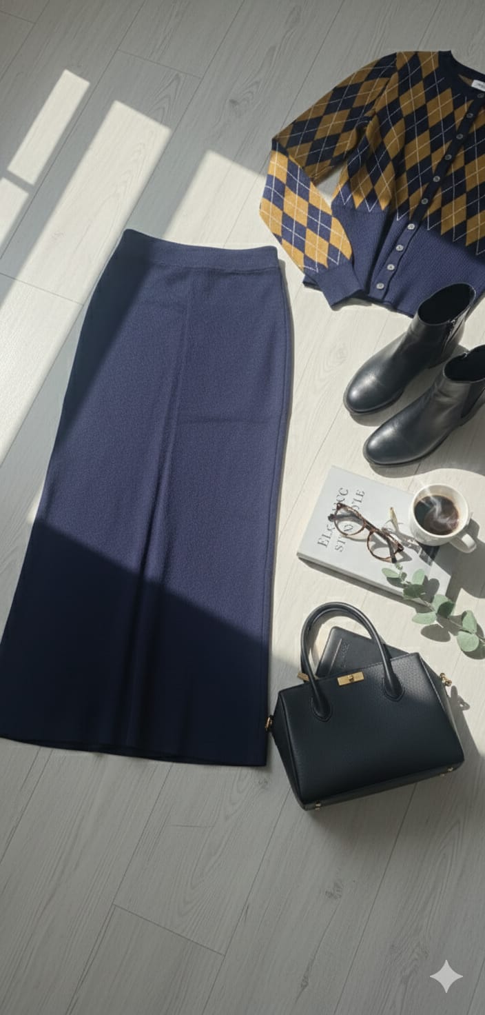 Navy Argyle Knit Skirt Co-Ord Set