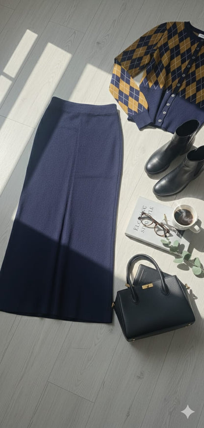 Navy Argyle Knit Skirt Co-Ord Set