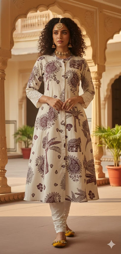 Ivory Handblock Cotton Kurti Dress