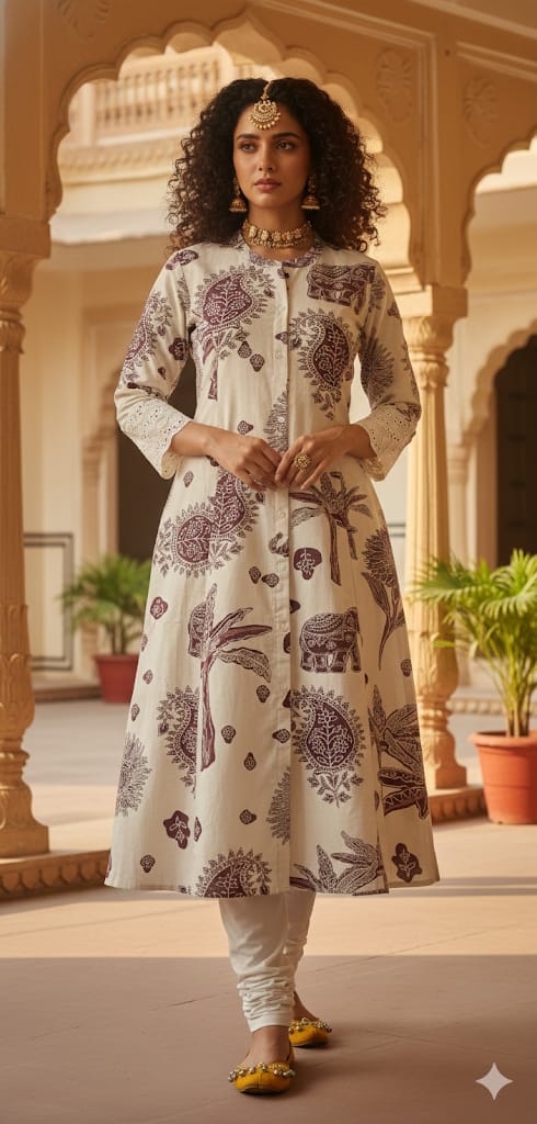 Ivory Handblock Cotton Kurti Dress