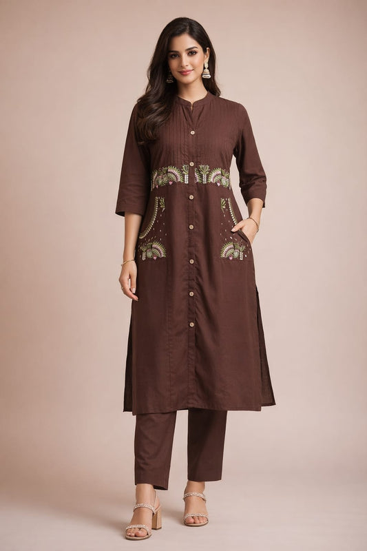 Brown Embroidered Cotton Co-ord Set