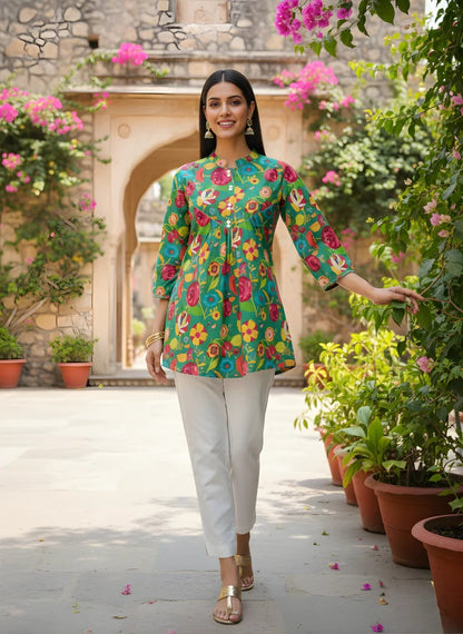 Green Floral Jaipuri Cotton Top