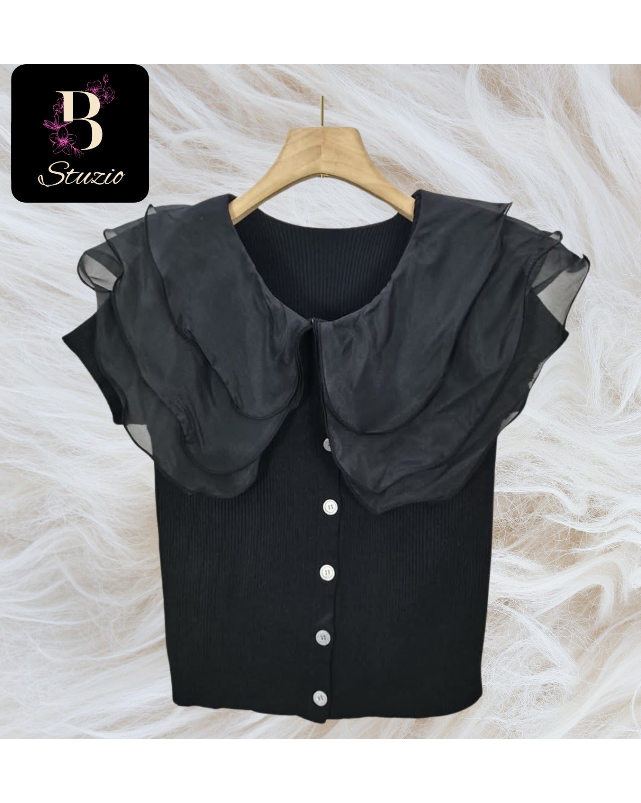 Black Chic Cascade Ruffle Knit Blouse with Button Detail