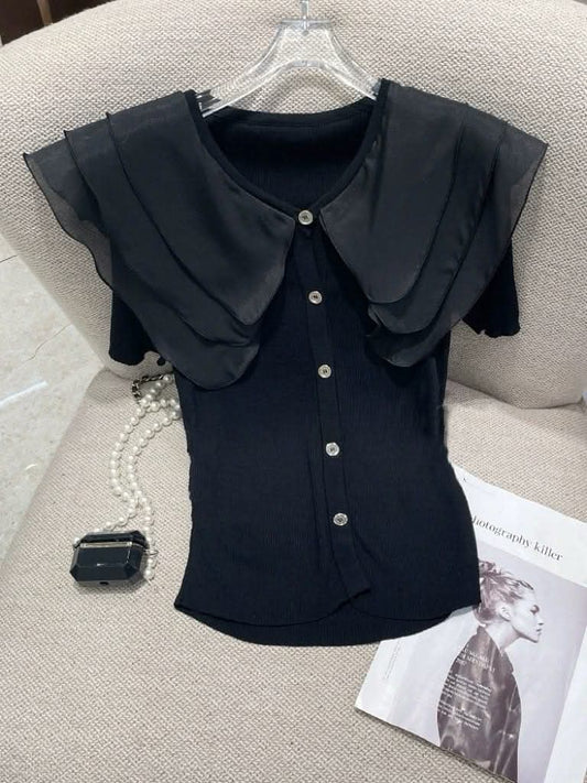 Black Chic Cascade Ruffle Knit Blouse with Button Detail