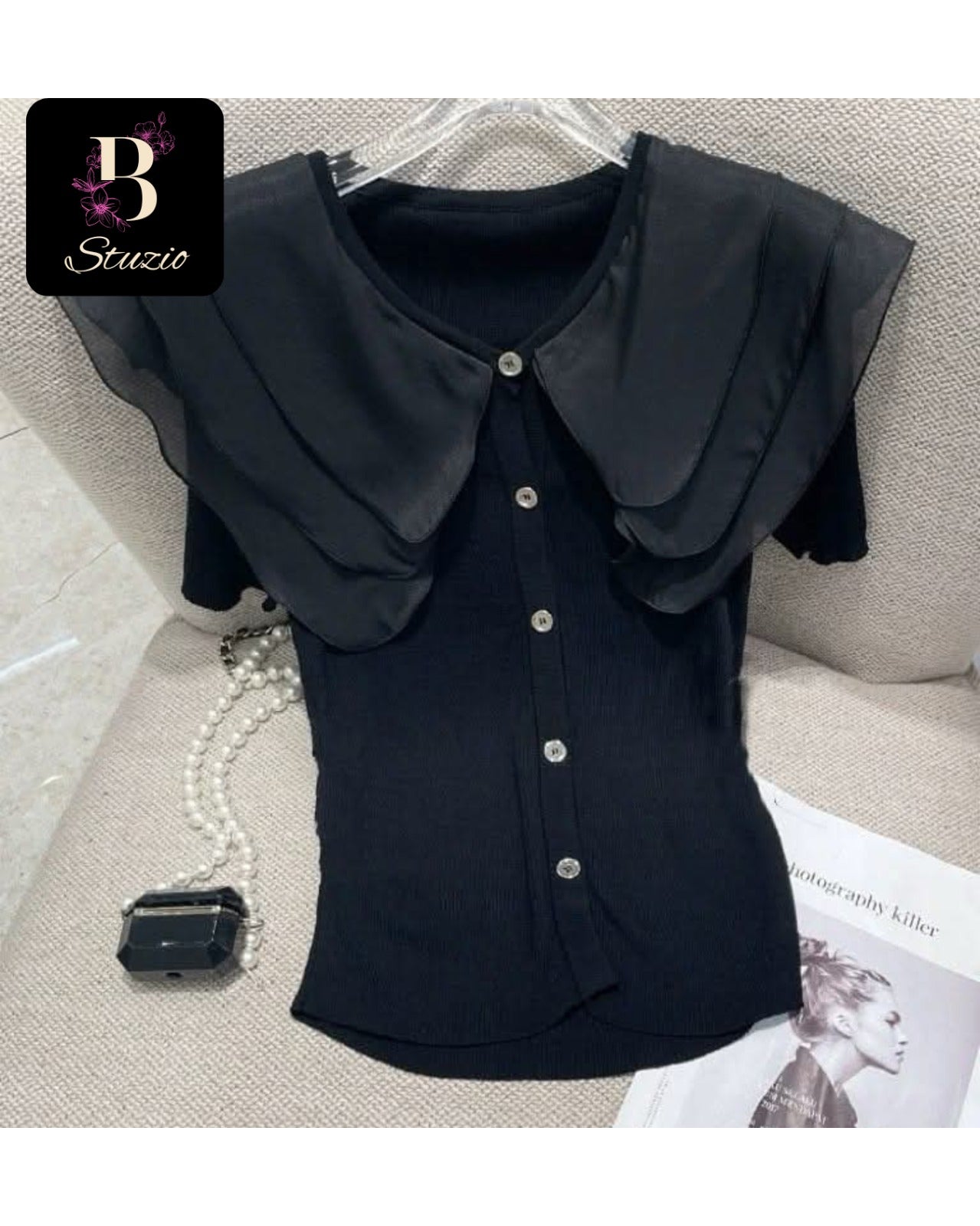 Black Chic Cascade Ruffle Knit Blouse with Button Detail