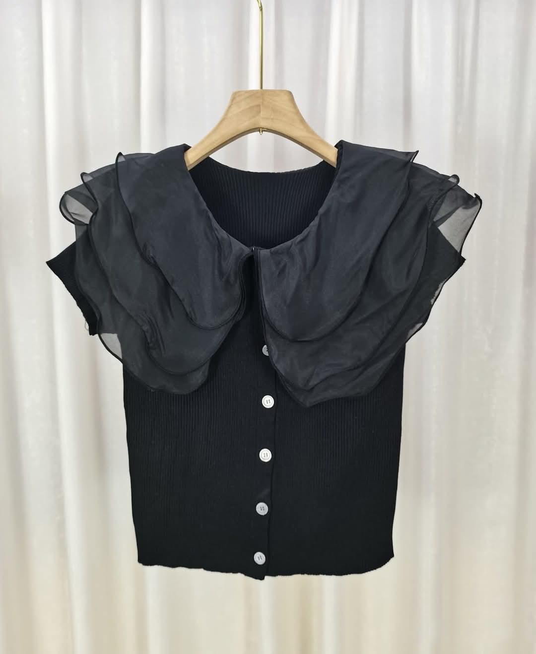 Black Chic Cascade Ruffle Knit Blouse with Button Detail