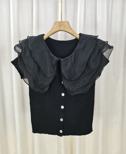 Black Chic Cascade Ruffle Knit Blouse with Button Detail