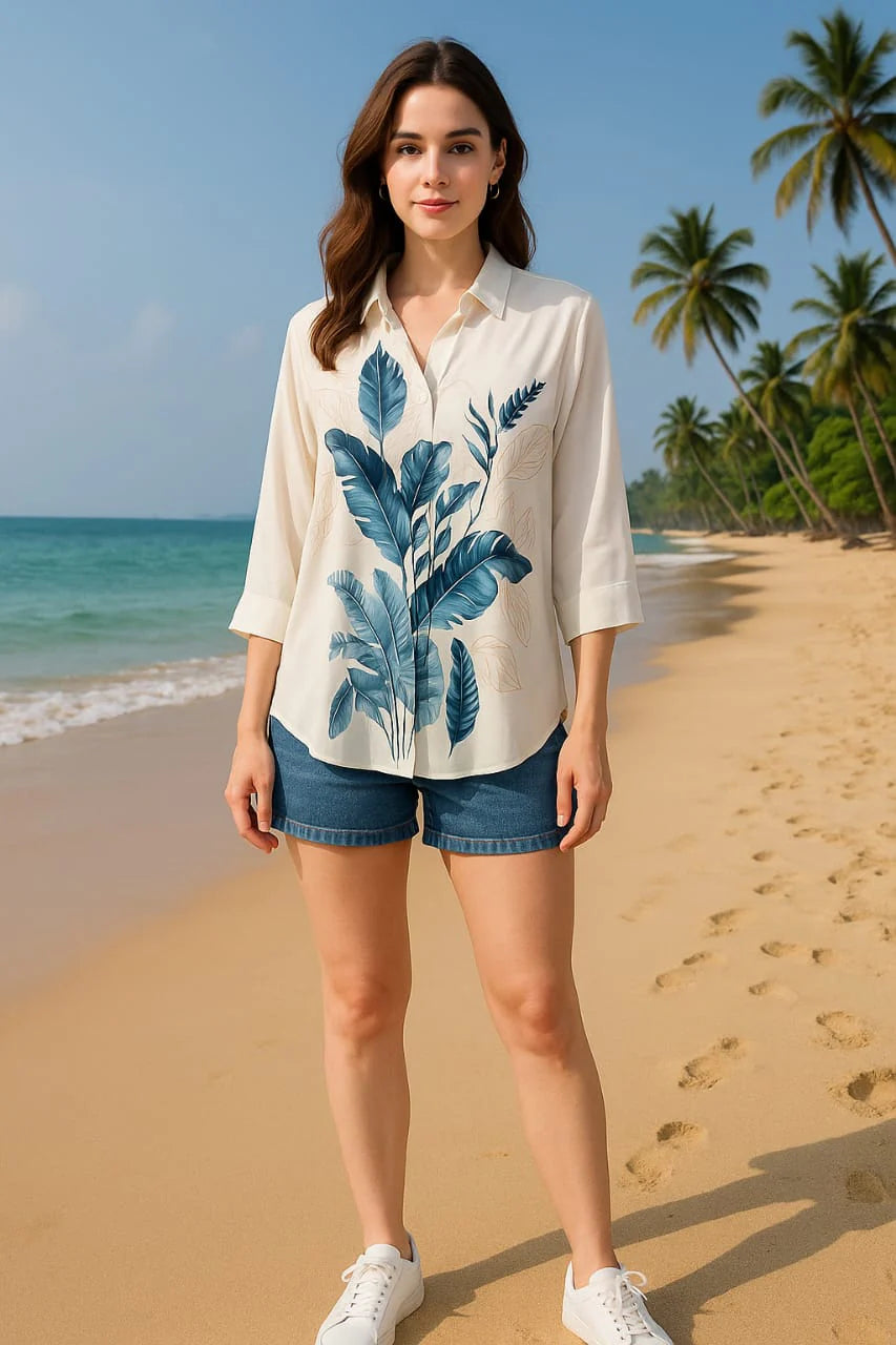 Tropical Leaf Print Plus Size Georgette Shirt