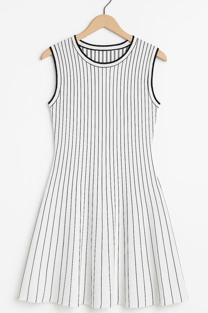 White Cotton Knit Stripe Dress