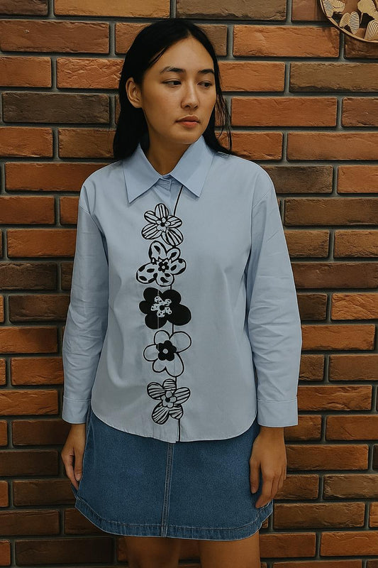 Cotton Shirt with Floral Scalloped Embroidery , POWDER BLUE