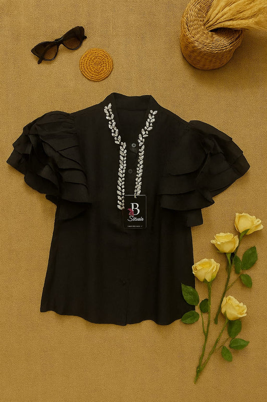 Black Ruffle Sleeve Embellished Shirt - BStuzio Exclusive