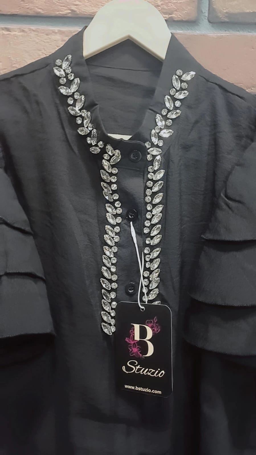 Black Ruffle Sleeve Embellished Shirt - BStuzio Exclusive