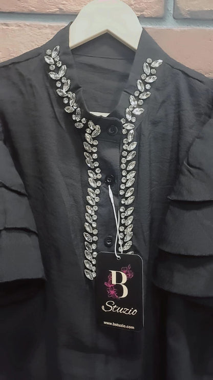 Black Ruffle Sleeve Embellished Shirt - BStuzio Exclusive
