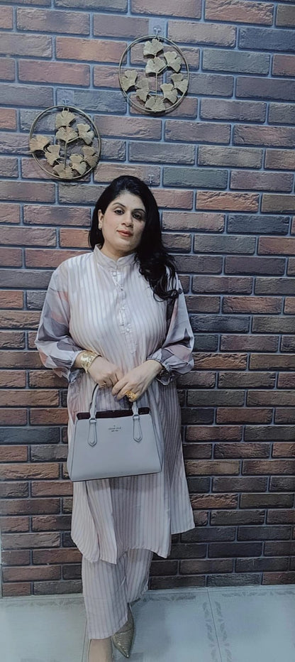 Blush Striped Kurta Set with Printed Sleeves