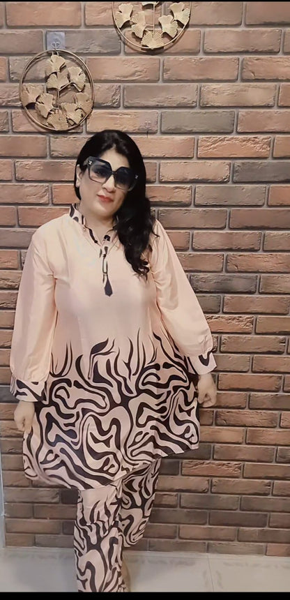 Peach Black Striped Digital Print Co-ord Set