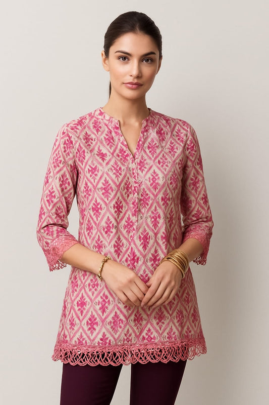 Pure Linen Cotton Handwork Top with Lace Detailing – 31” Length, 3/4th Sleeves