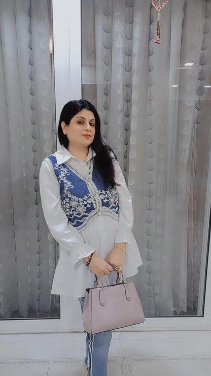 Exquisite Embroidered Denim Waistcoat and Shirt