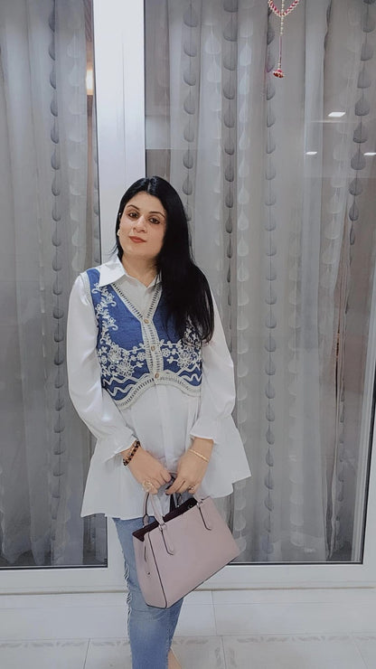 Exquisite Embroidered Denim Waistcoat and Shirt