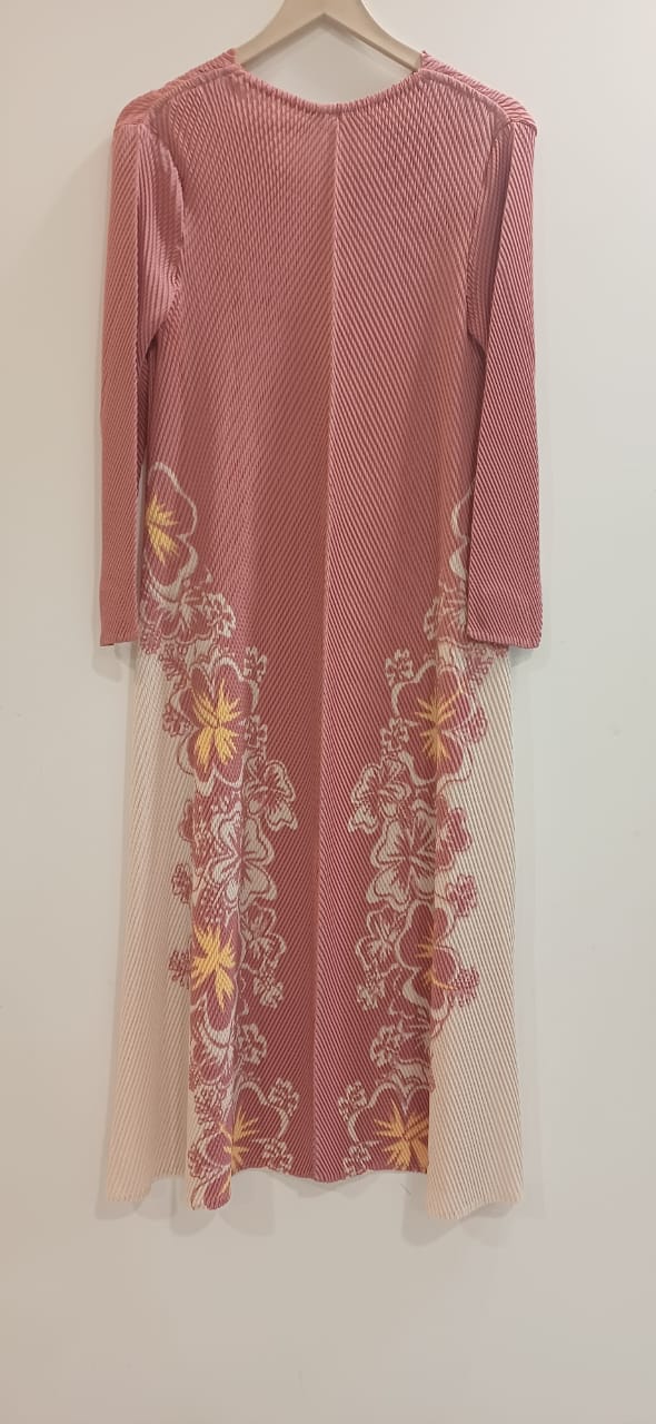 Elegant Pleated Floral Dress –Pink  & Cream