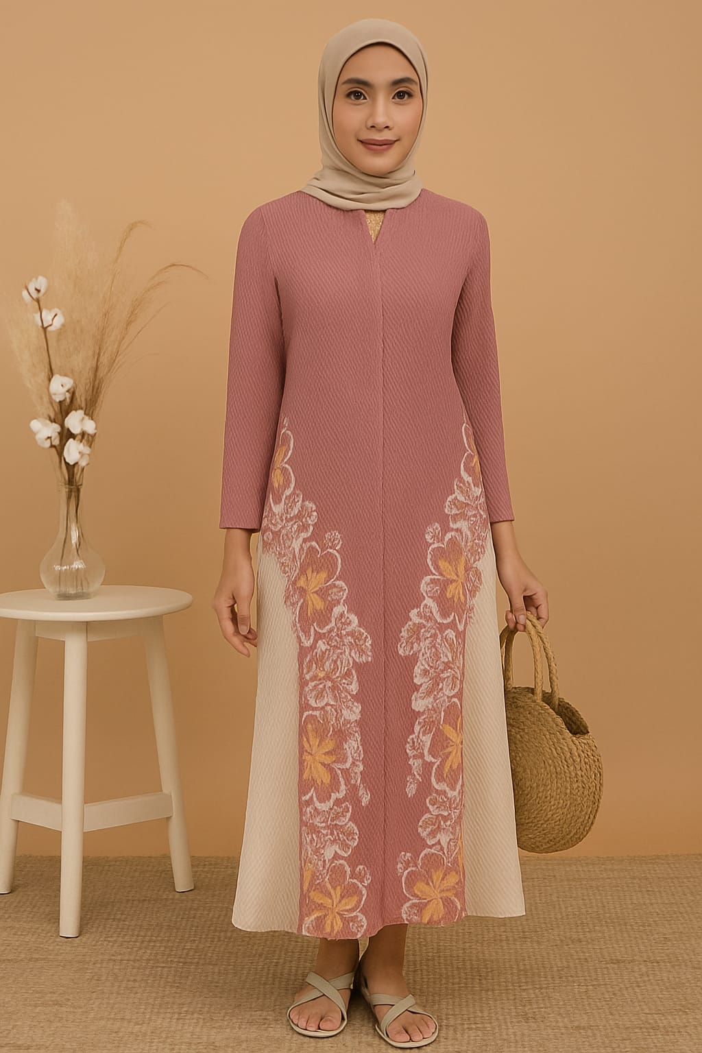 Elegant Pleated Floral Dress –Pink  & Cream