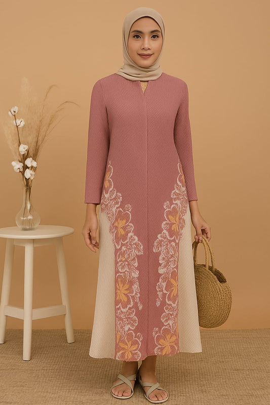 Elegant Pleated Floral Dress –Pink  & Cream