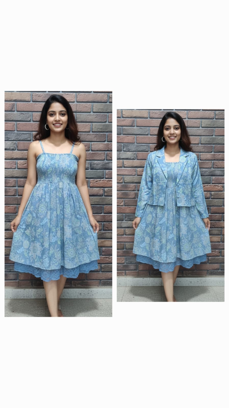 Floral Blue Two-Piece Free-Size Dress Set