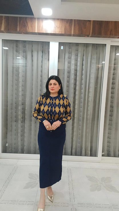 Navy Argyle Knit Skirt Co-Ord Set