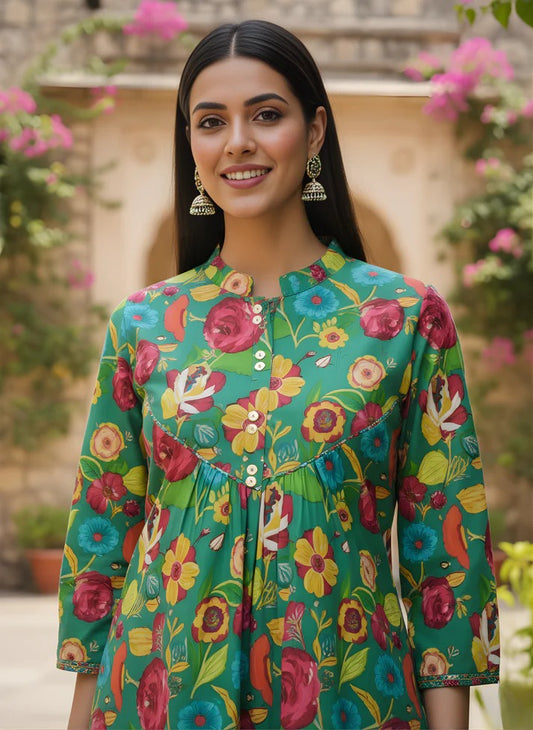Green Floral Jaipuri Cotton Top