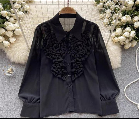 Black  Ruffled Chiffon Shirt