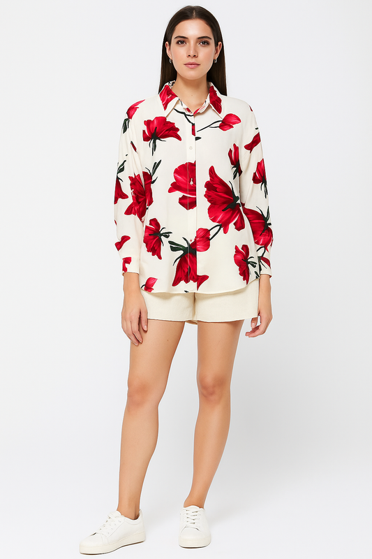 Ivory and Deep red  Floral Button-Down Shirt
