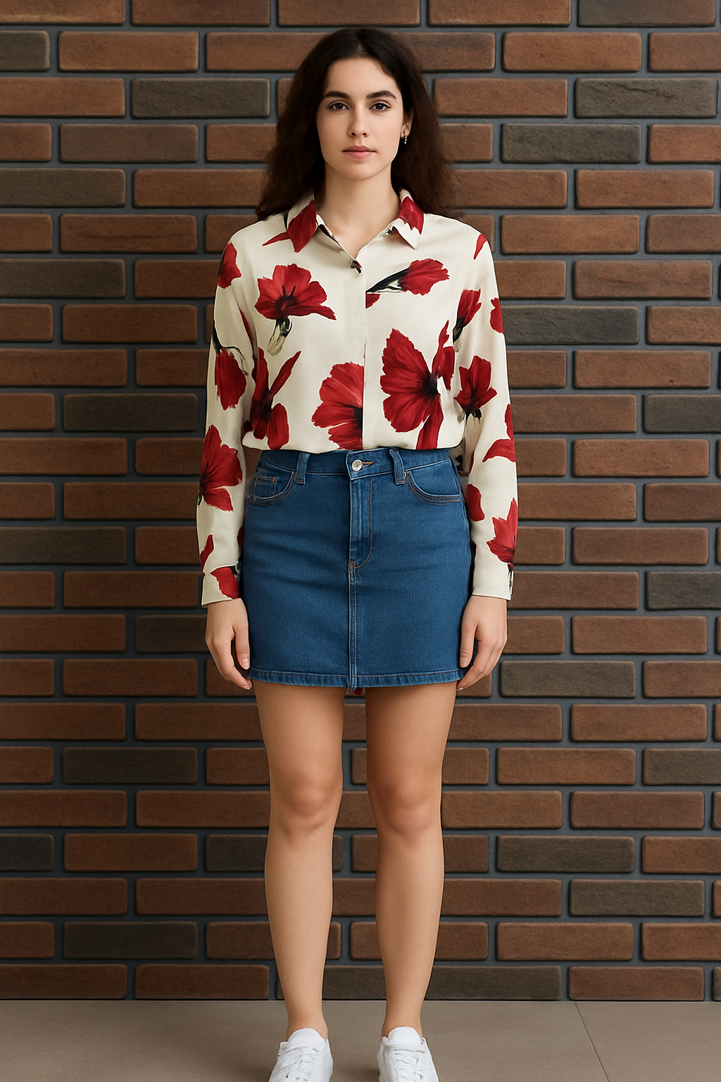 Ivory and Deep red  Floral Button-Down Shirt