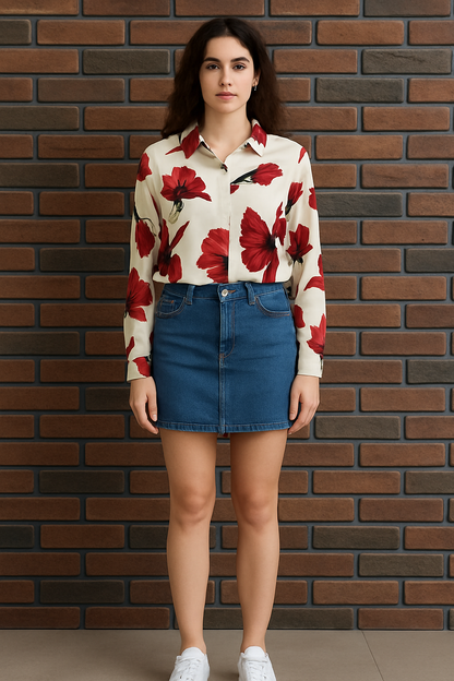 Ivory and Deep red  Floral Button-Down Shirt