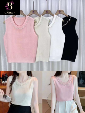 Natural Beige Pearl-Embellished Knit Top