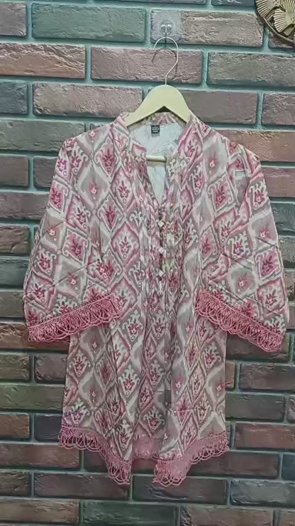 Pure Linen Cotton Handwork Top with Lace Detailing – 31” Length, 3/4th Sleeves