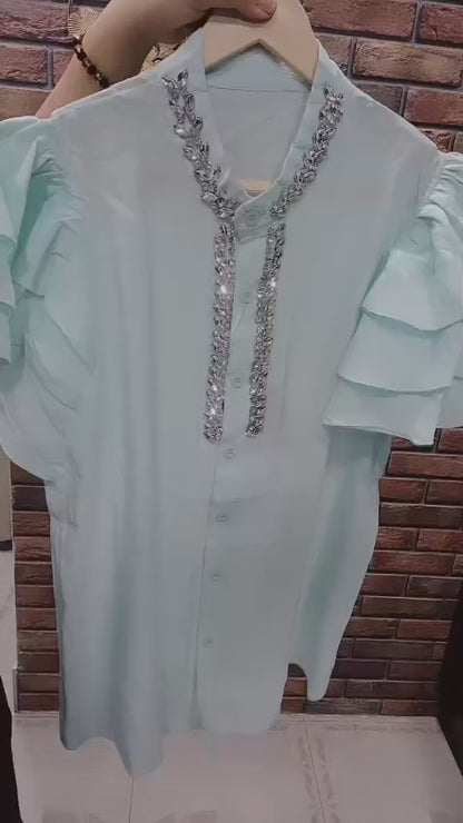 Black Ruffle Sleeve Embellished Shirt - BStuzio Exclusive