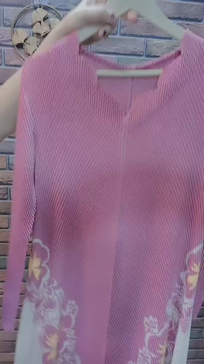 Elegant Pleated Floral Dress –Pink  & Cream