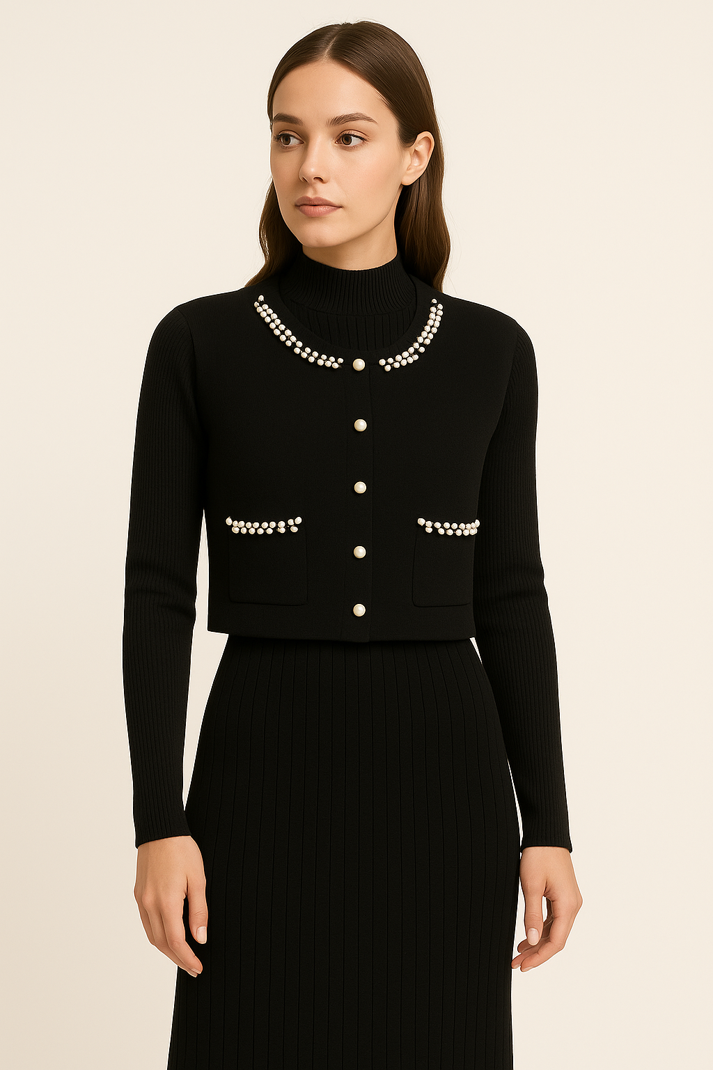 black ribbed knit dress paired with a pearl-detailed shrug
